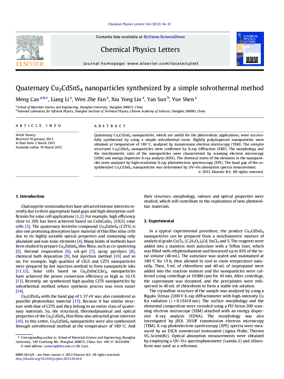Quaternary Cu2CdSnS4 nanoparticles synthesized by a simple solvothermal method