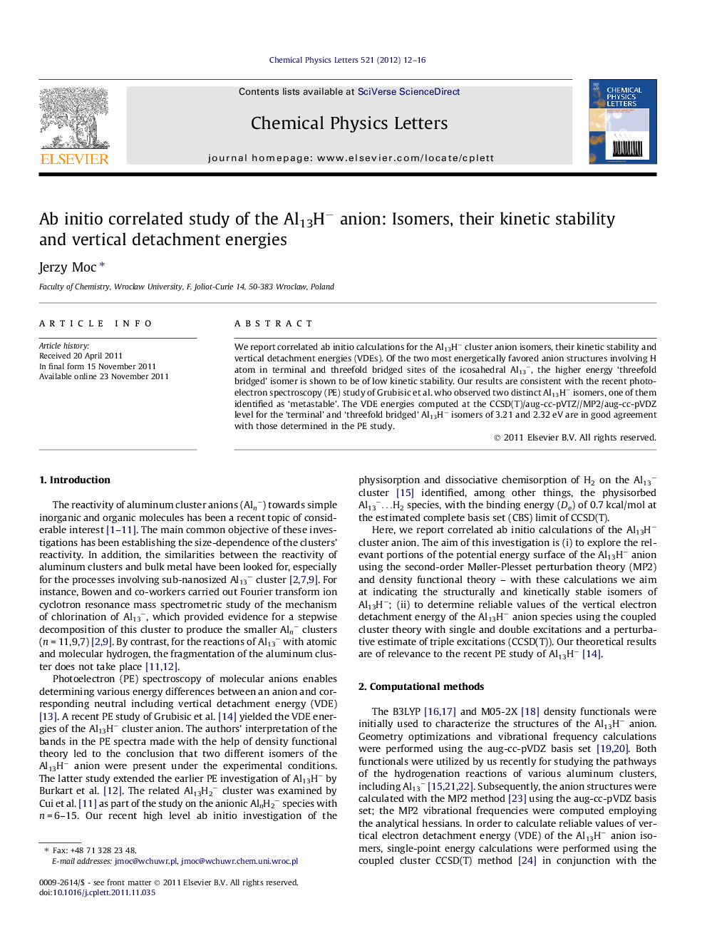 Ab initio correlated study of the Al13Hâ anion: Isomers, their kinetic stability and vertical detachment energies