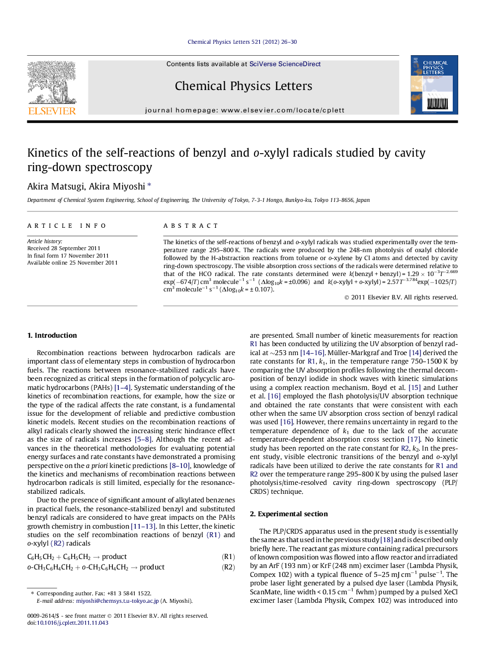 Kinetics of the self-reactions of benzyl and o-xylyl radicals studied by cavity ring-down spectroscopy