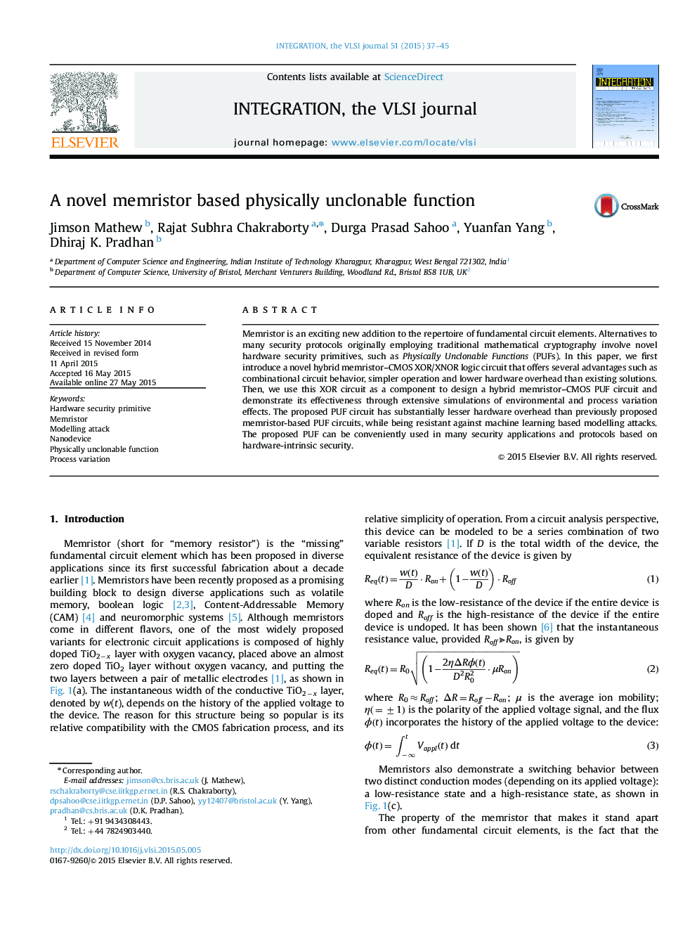 A novel memristor based physically unclonable function