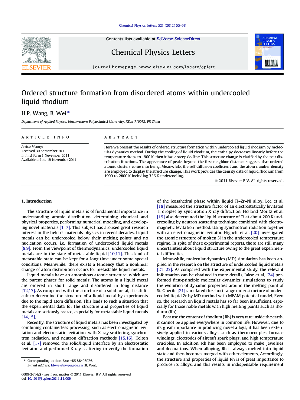 Ordered structure formation from disordered atoms within undercooled liquid rhodium