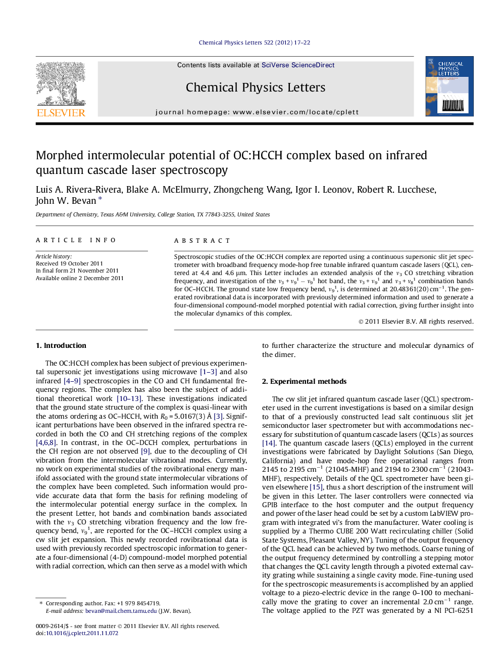 Morphed intermolecular potential of OC:HCCH complex based on infrared quantum cascade laser spectroscopy