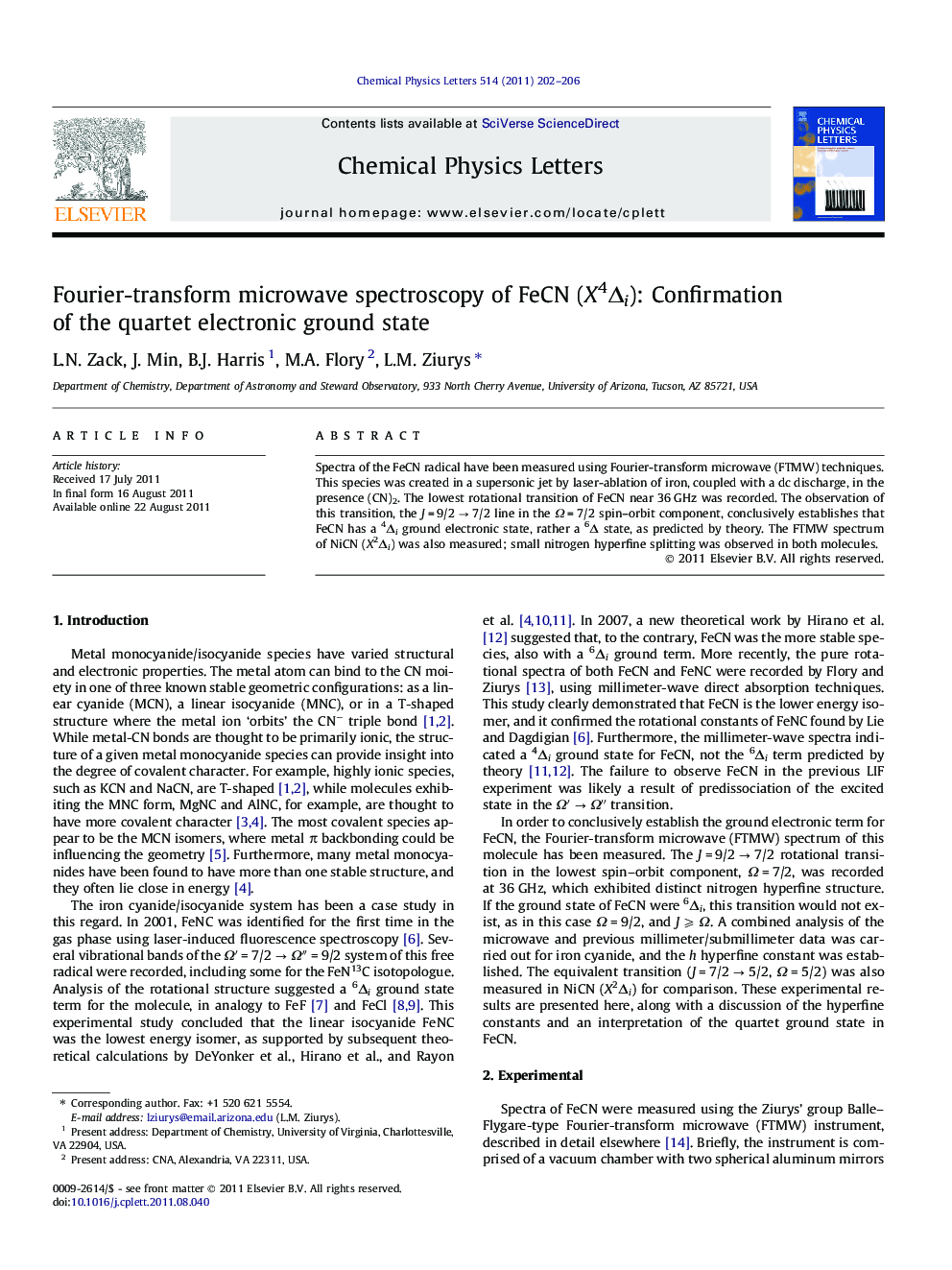 Fourier-transform microwave spectroscopy of FeCN (X4Îi): Confirmation of the quartet electronic ground state