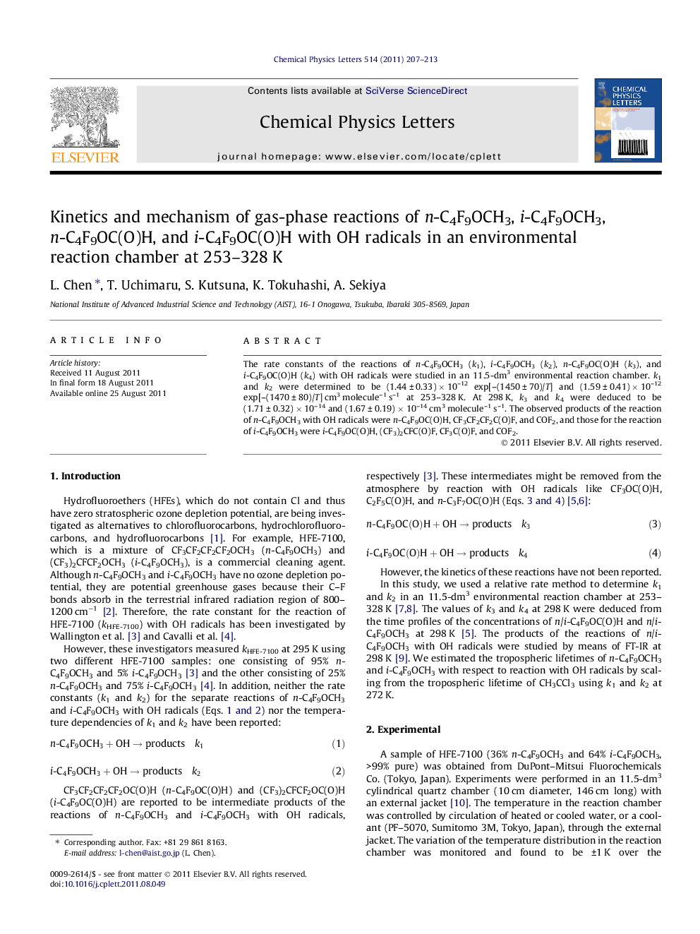 Kinetics and mechanism of gas-phase reactions of n-C4F9OCH3, i-C4F9OCH3, n-C4F9OC(O)H, and i-C4F9OC(O)H with OH radicals in an environmental reaction chamber at 253-328Â K