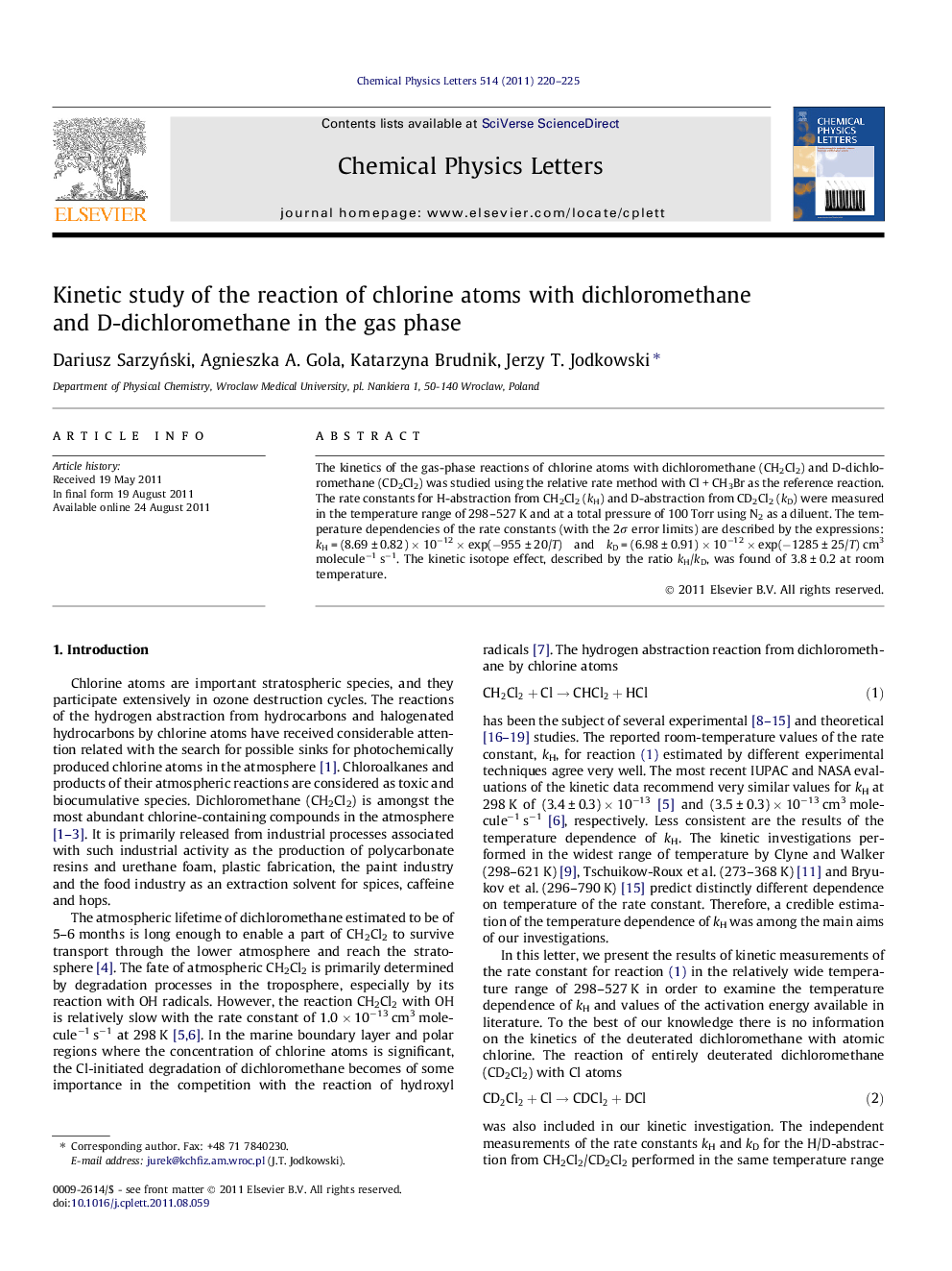 Kinetic study of the reaction of chlorine atoms with dichloromethane and D-dichloromethane in the gas phase