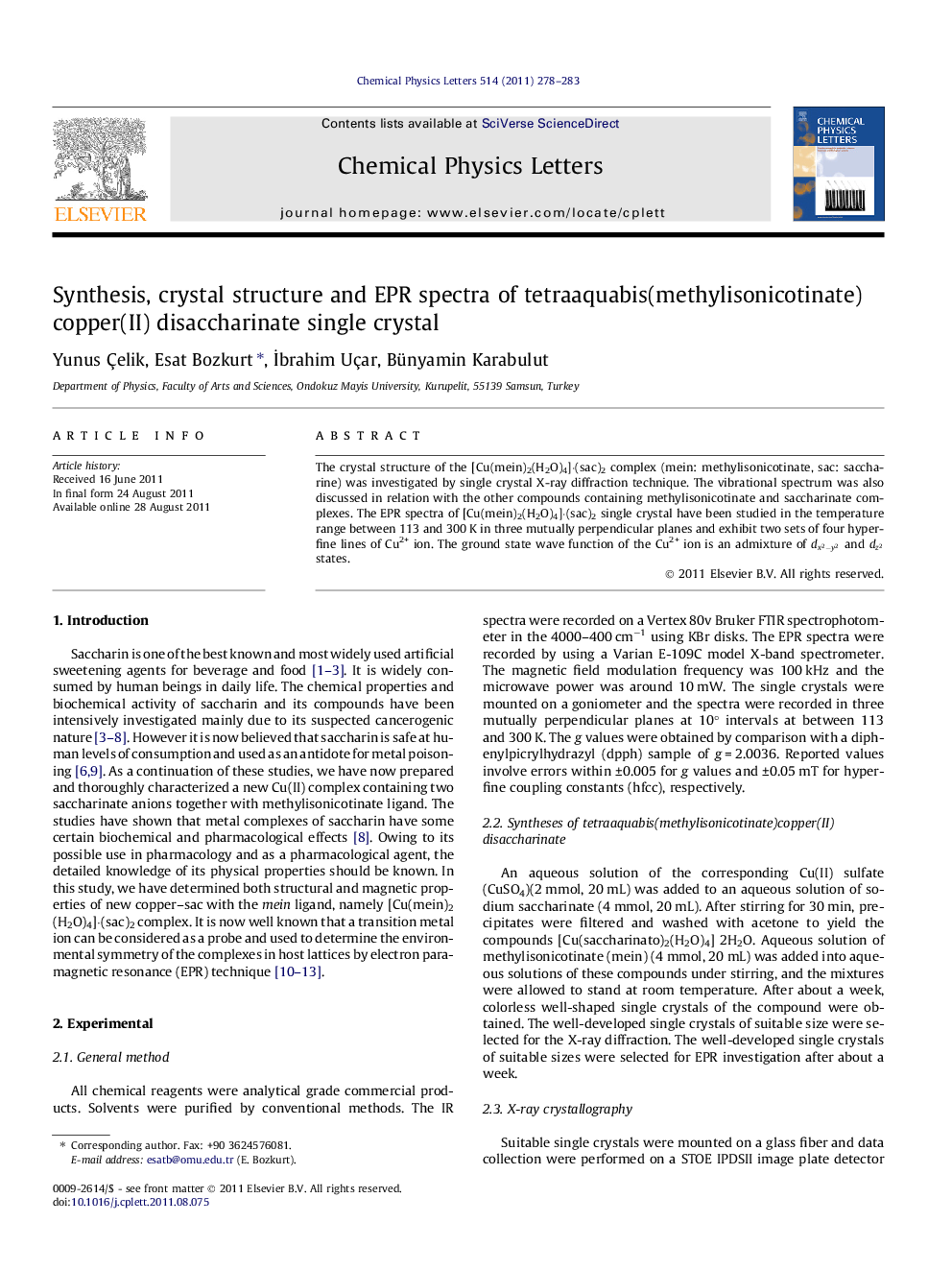 Synthesis, crystal structure and EPR spectra of tetraaquabis(methylisonicotinate) copper(II) disaccharinate single crystal