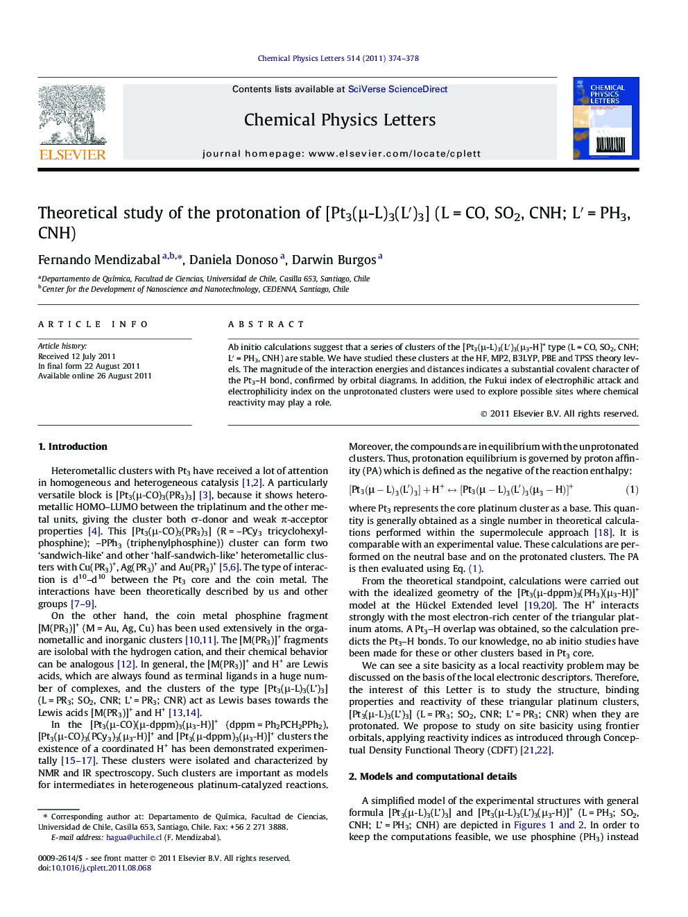 Theoretical study of the protonation of [Pt3(Î¼-L)3(Lâ²)3] (LÂ =Â CO, SO2, CNH; Lâ²Â =Â PH3, CNH)