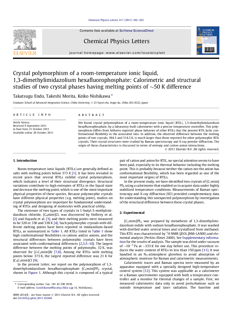 Crystal polymorphism of a room-temperature ionic liquid, 1,3-dimethylimidazolium hexafluorophosphate: Calorimetric and structural studies of two crystal phases having melting points of â¼50Â K difference