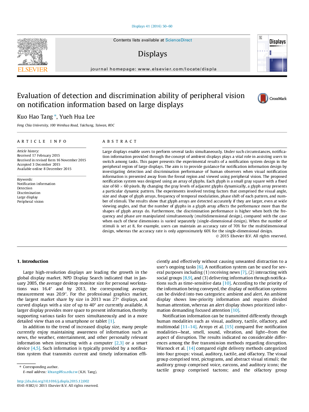 Evaluation of detection and discrimination ability of peripheral vision on notification information based on large displays