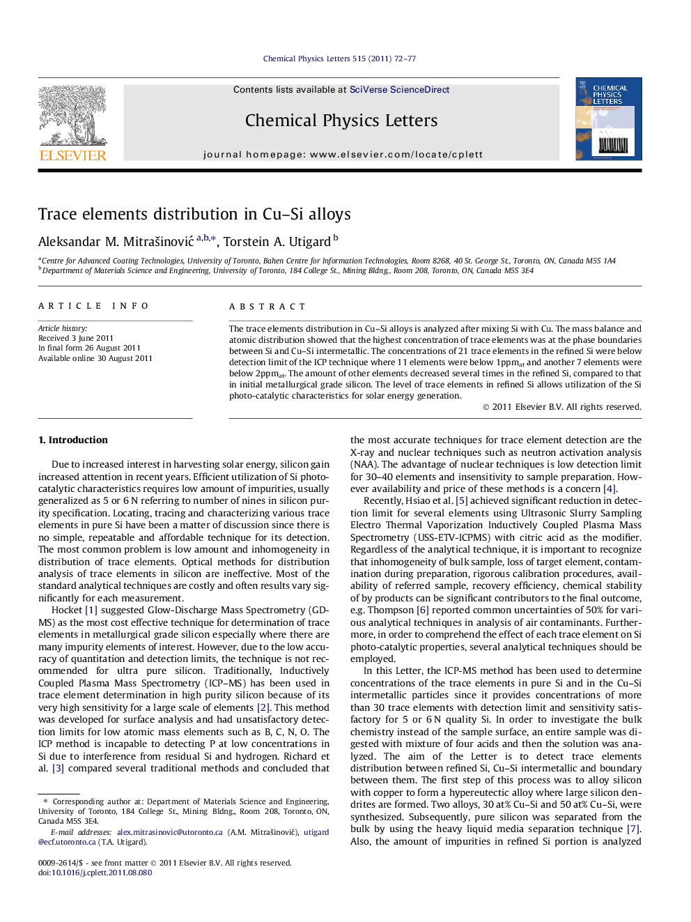 Trace elements distribution in Cu-Si alloys