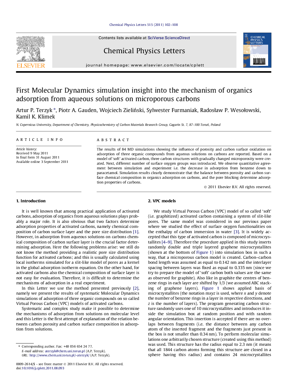 First Molecular Dynamics simulation insight into the mechanism of organics adsorption from aqueous solutions on microporous carbons