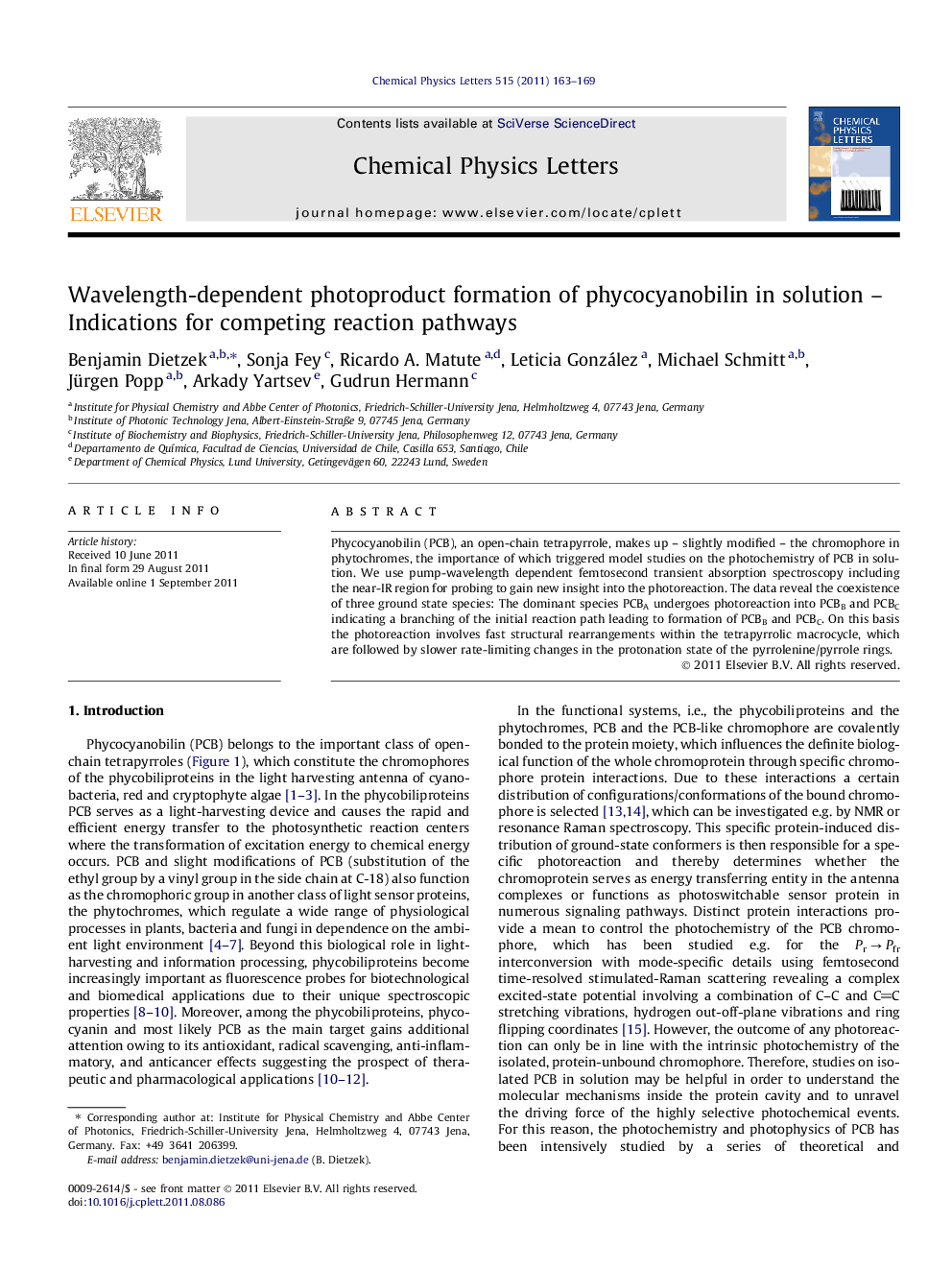 Wavelength-dependent photoproduct formation of phycocyanobilin in solution - Indications for competing reaction pathways