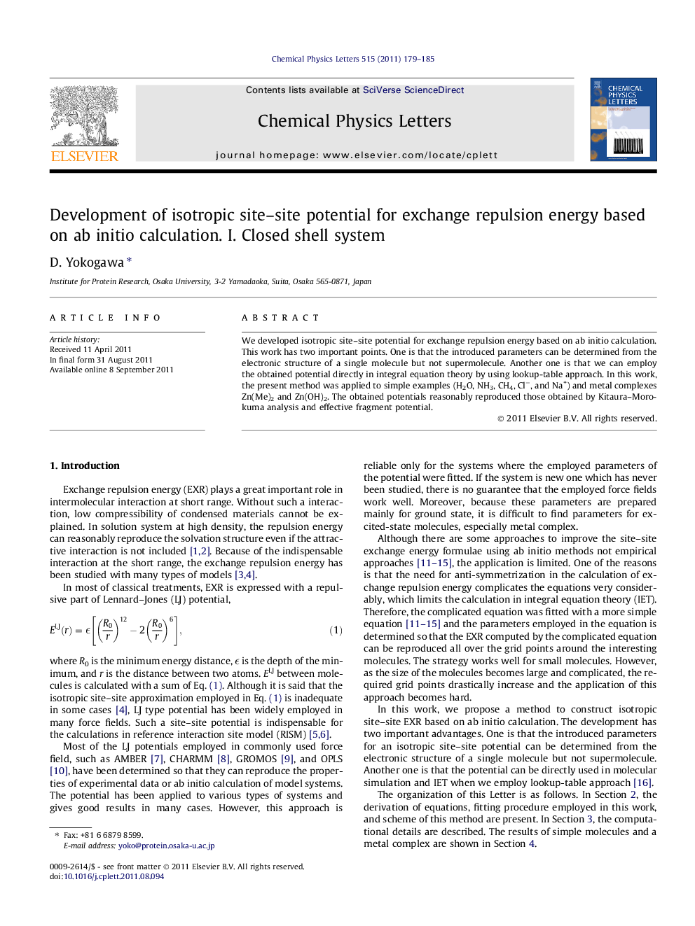 Development of isotropic site-site potential for exchange repulsion energy based on ab initio calculation. I. Closed shell system