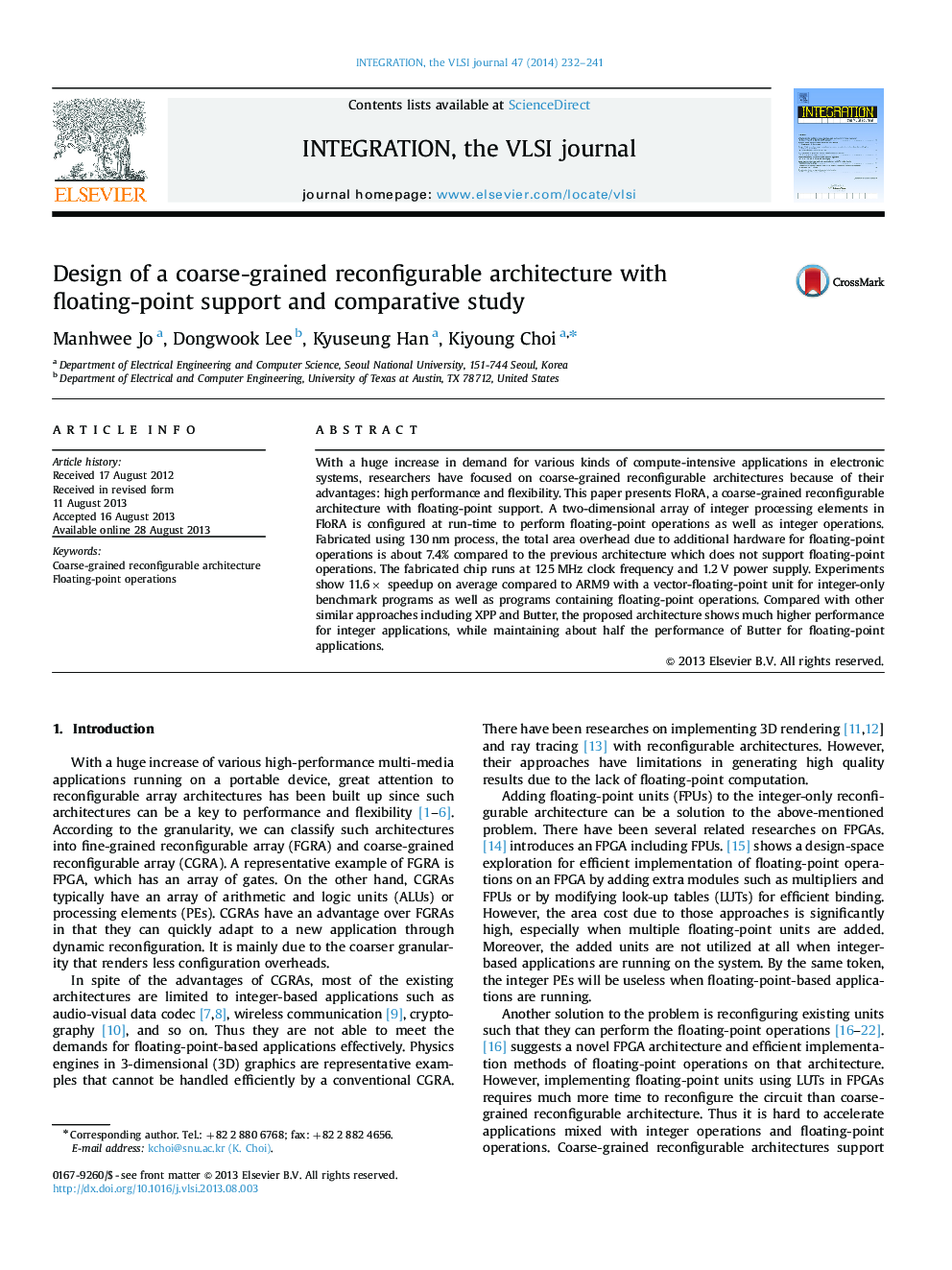 Design of a coarse-grained reconfigurable architecture with floating-point support and comparative study