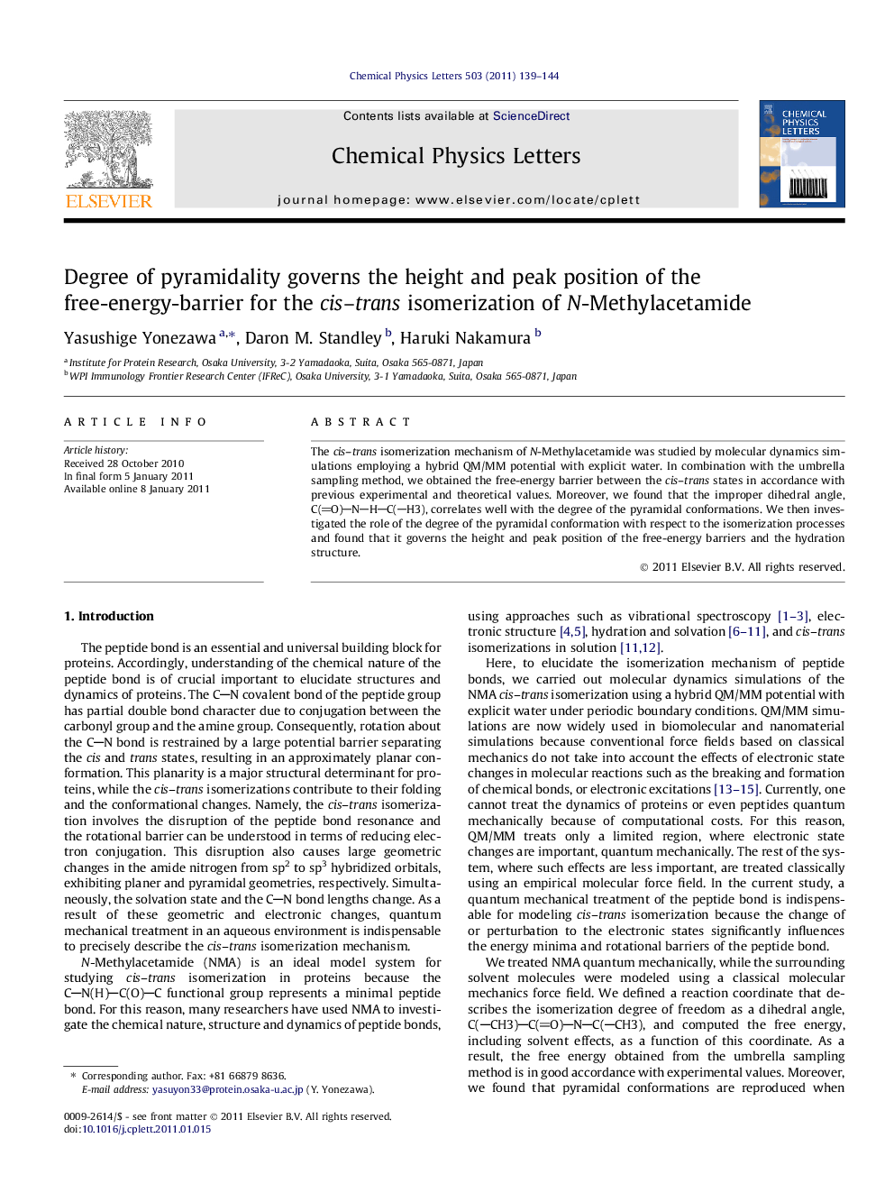 Degree of pyramidality governs the height and peak position of the free-energy-barrier for the cis-trans isomerization of N-Methylacetamide