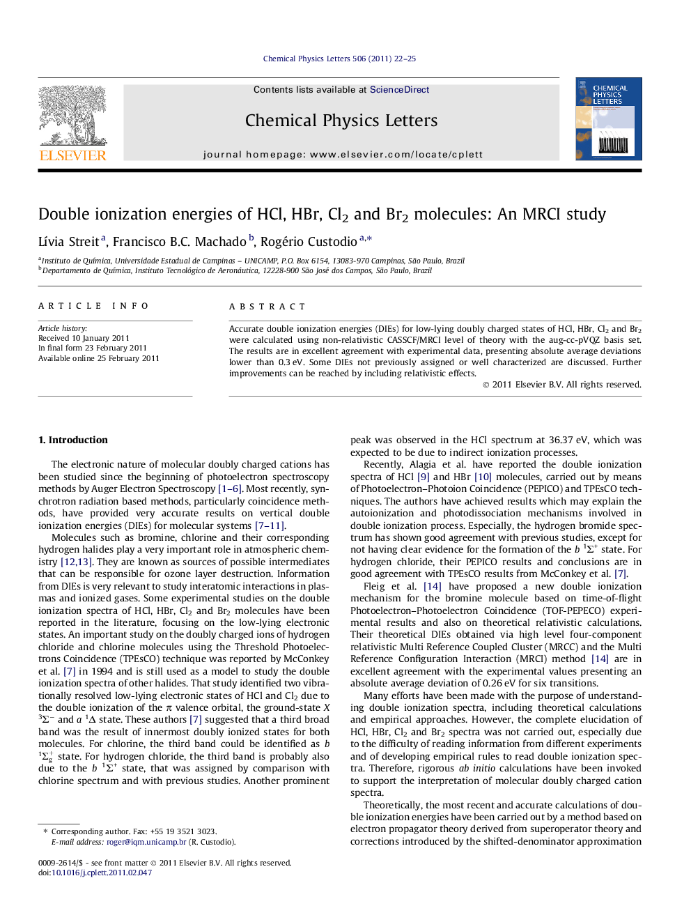 Double ionization energies of HCl, HBr, Cl2 and Br2 molecules: An MRCI study