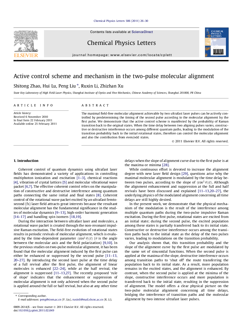 Active control scheme and mechanism in the two-pulse molecular alignment