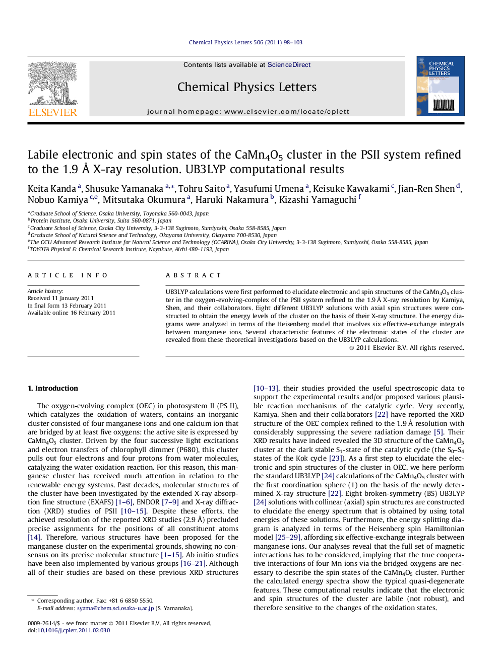 Labile electronic and spin states of the CaMn4O5 cluster in the PSII system refined to the 1.9 Ã X-ray resolution. UB3LYP computational results