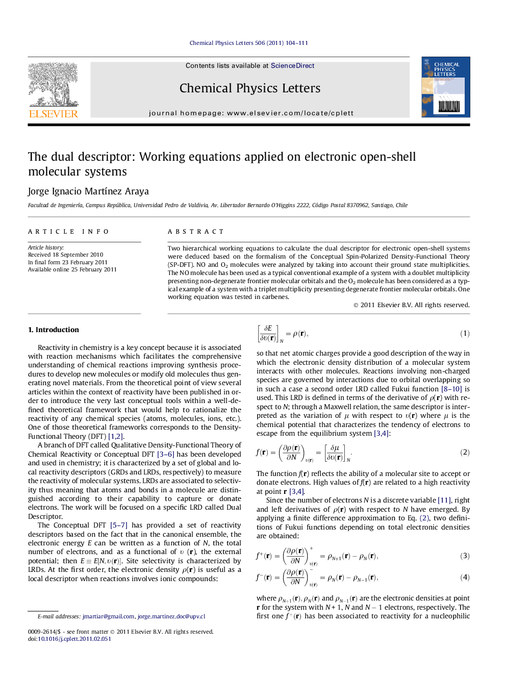 The dual descriptor: Working equations applied on electronic open-shell molecular systems
