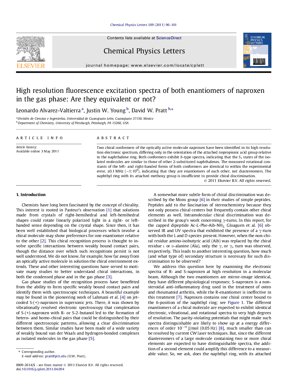 High resolution fluorescence excitation spectra of both enantiomers of naproxen in the gas phase: Are they equivalent or not?