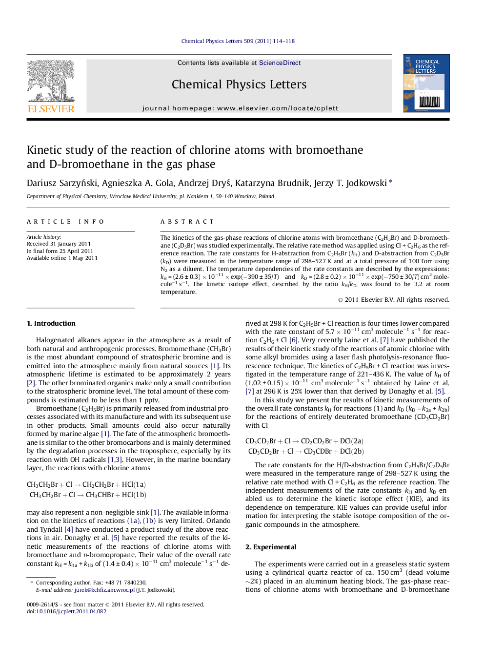 Kinetic study of the reaction of chlorine atoms with bromoethane and D-bromoethane in the gas phase