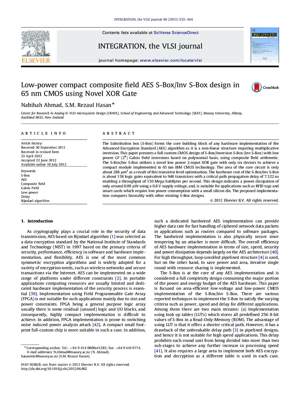 Low-power compact composite field AES S-Box/Inv S-Box design in 65 nm CMOS using Novel XOR Gate