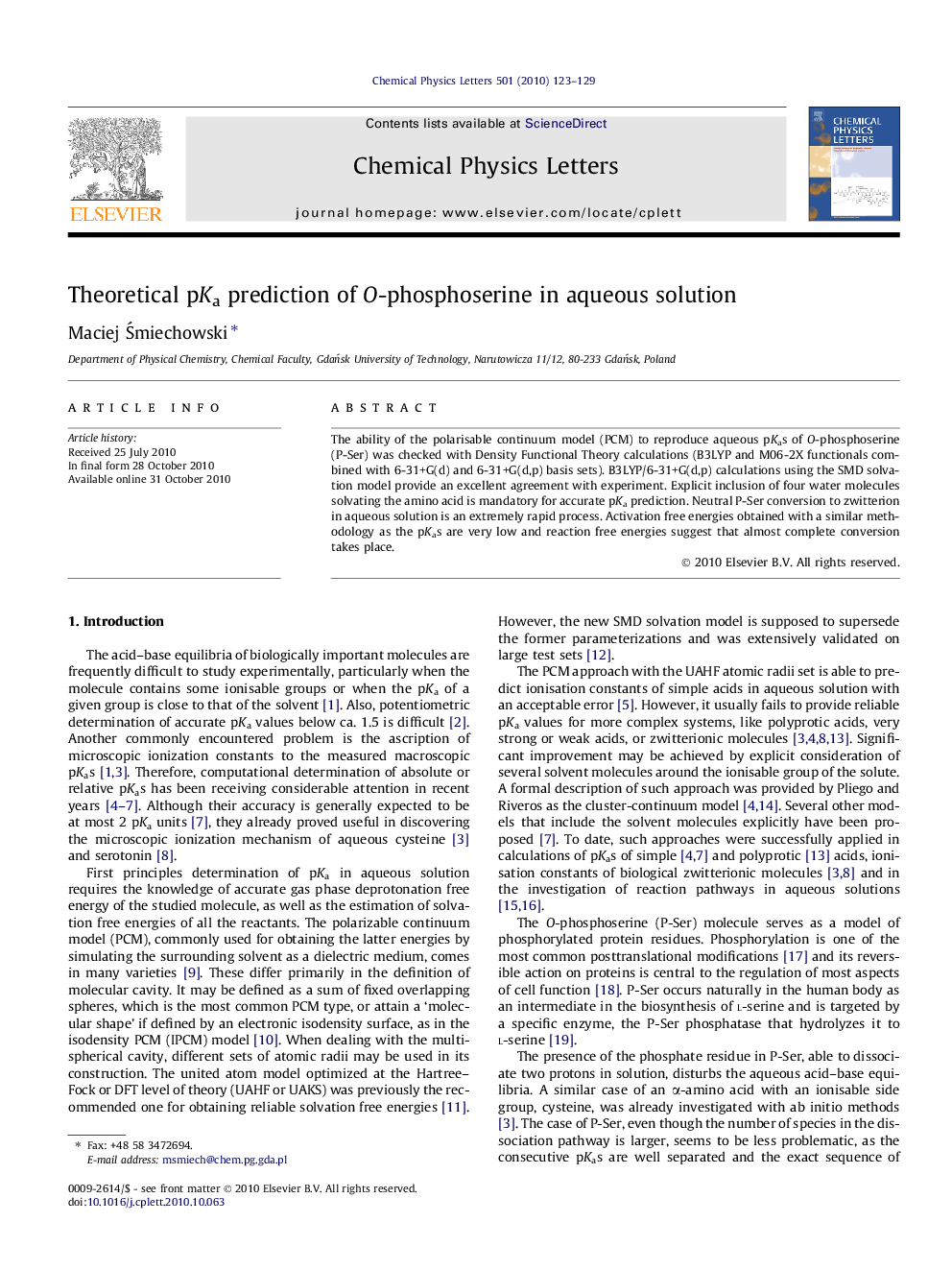Theoretical pKa prediction of O-phosphoserine in aqueous solution
