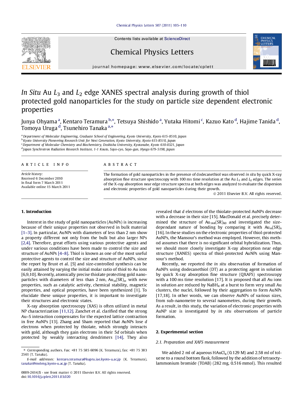 In Situ Au L3 and L2 edge XANES spectral analysis during growth of thiol protected gold nanoparticles for the study on particle size dependent electronic properties