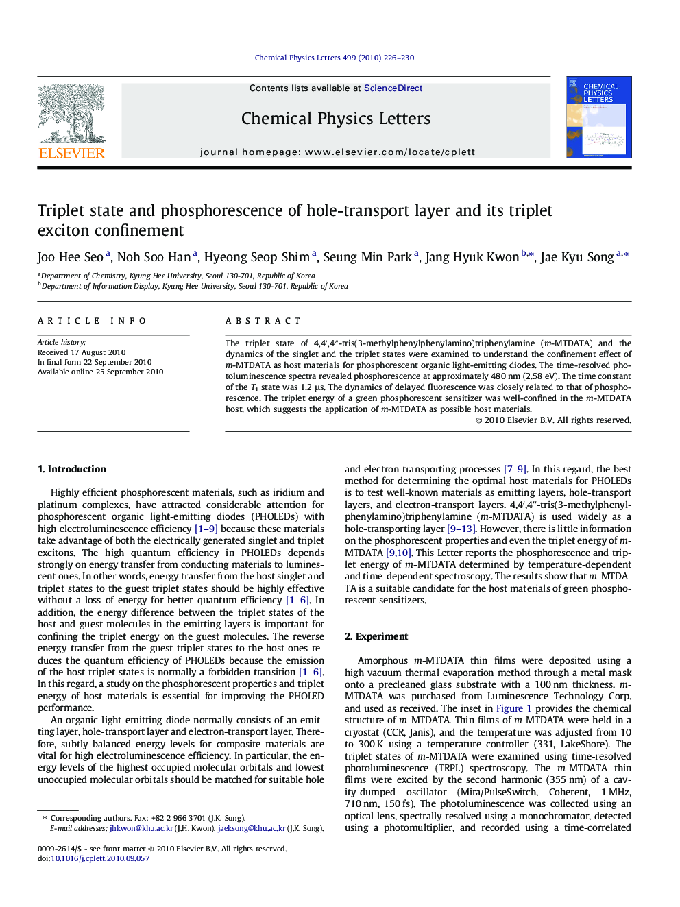 Triplet state and phosphorescence of hole-transport layer and its triplet exciton confinement