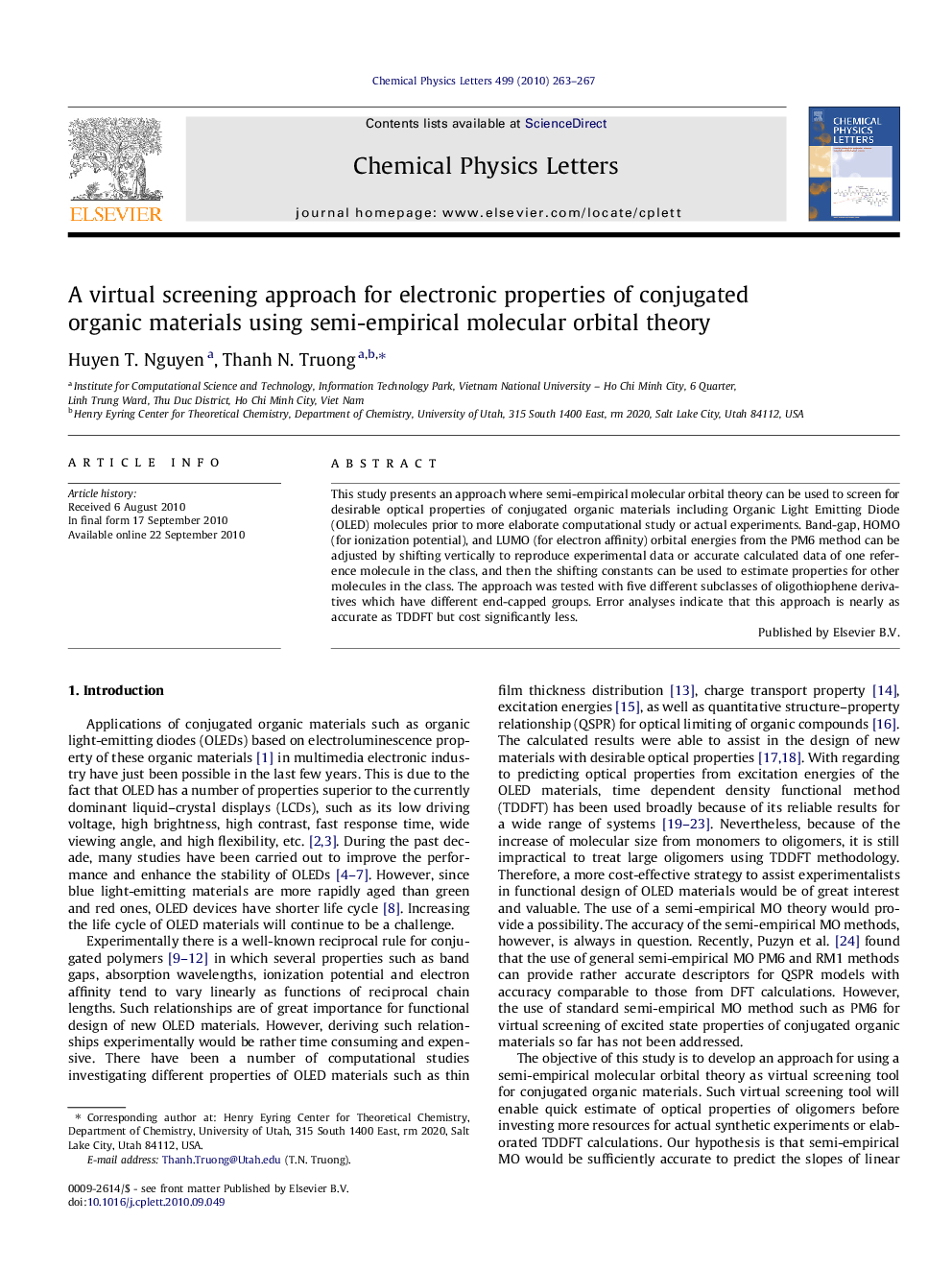 A virtual screening approach for electronic properties of conjugated organic materials using semi-empirical molecular orbital theory