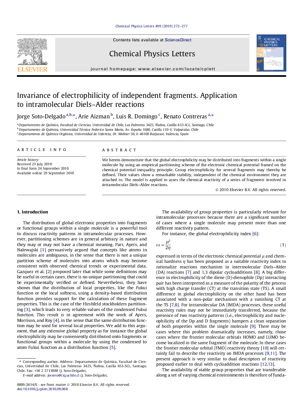 Invariance of electrophilicity of independent fragments. Application to intramolecular Diels-Alder reactions
