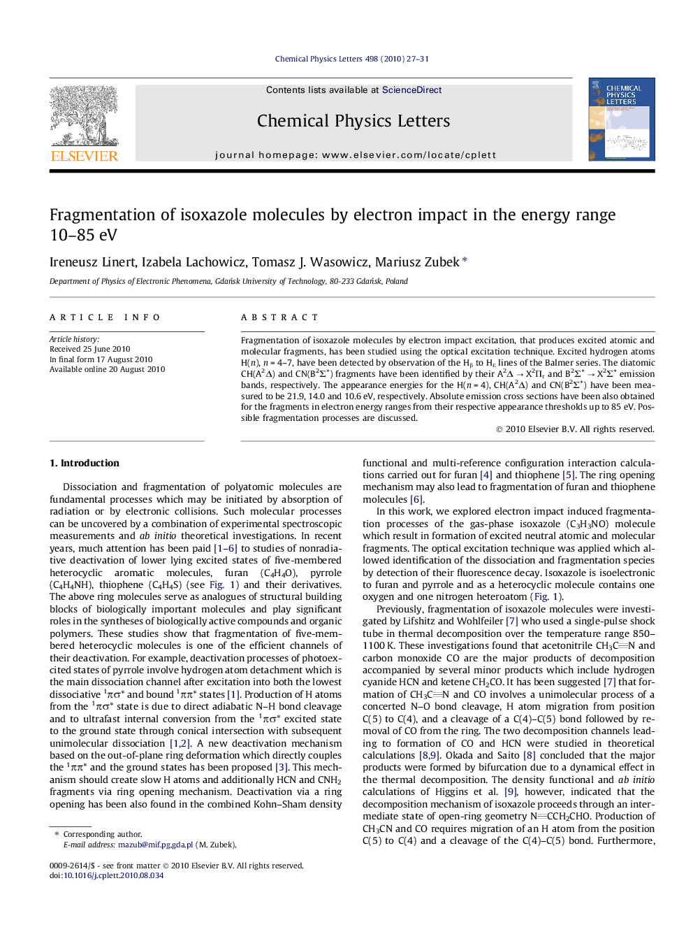 Fragmentation of isoxazole molecules by electron impact in the energy range 10-85Â eV