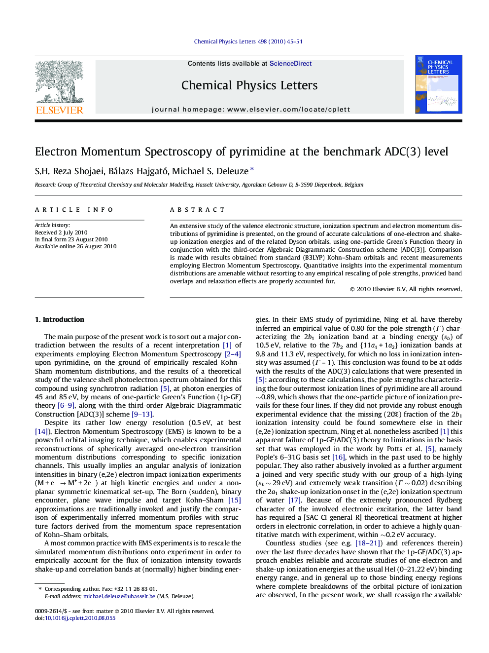 Electron Momentum Spectroscopy of pyrimidine at the benchmark ADC(3) level