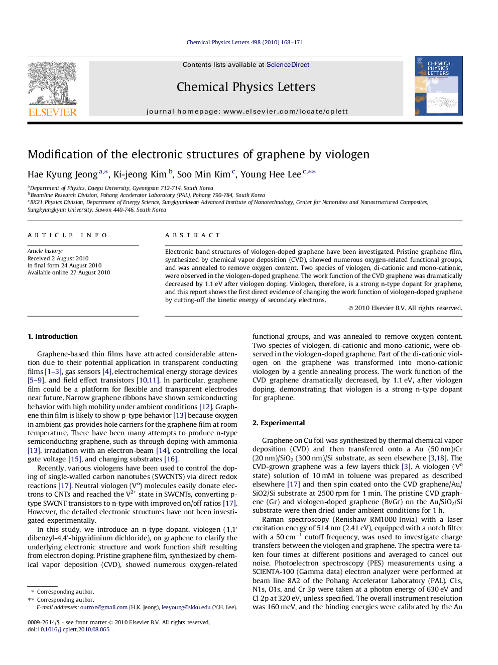 عکس صفحه اول مقاله: Modification of the electronic structures of graphene by viologen Modification of the electronic structures of graphene by viologen