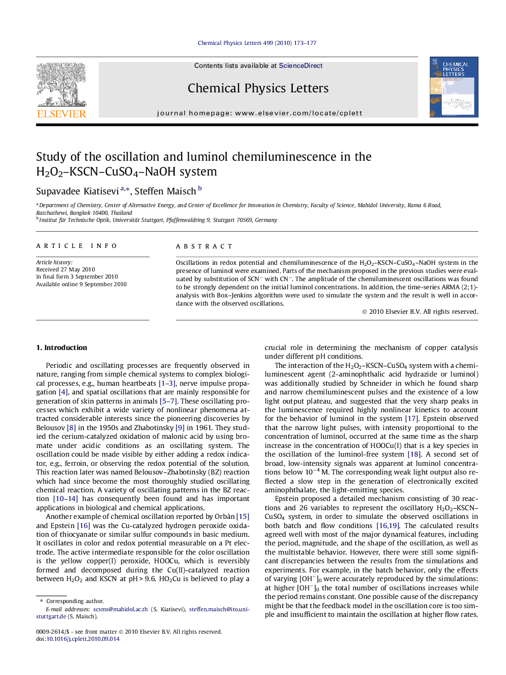 Study of the oscillation and luminol chemiluminescence in the H2O2-KSCN-CuSO4-NaOH system