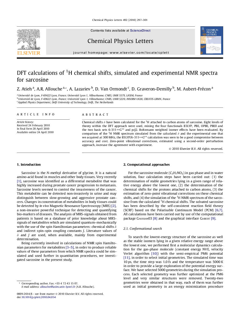 DFT calculations of 1H chemical shifts, simulated and experimental NMR spectra for sarcosine