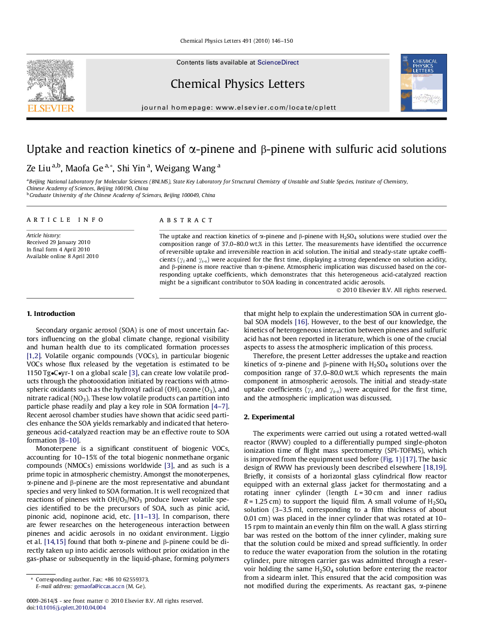 Uptake and reaction kinetics of Î±-pinene and Î²-pinene with sulfuric acid solutions