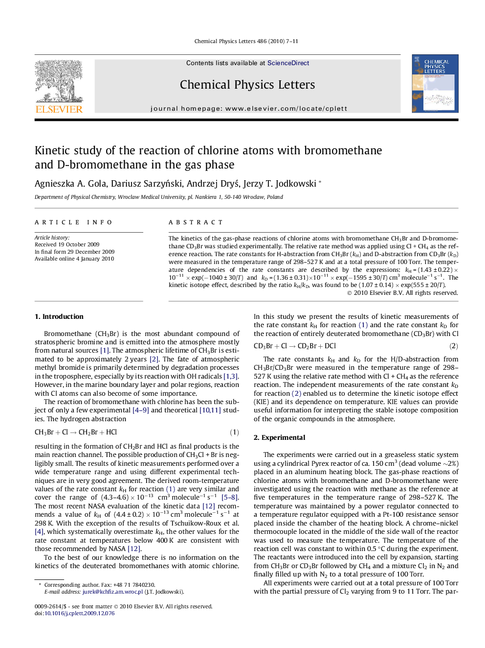 Kinetic study of the reaction of chlorine atoms with bromomethane and D-bromomethane in the gas phase
