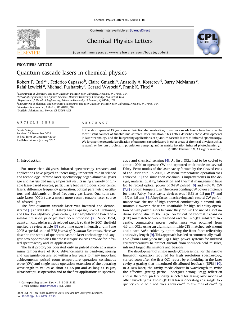 Quantum cascade lasers in chemical physics