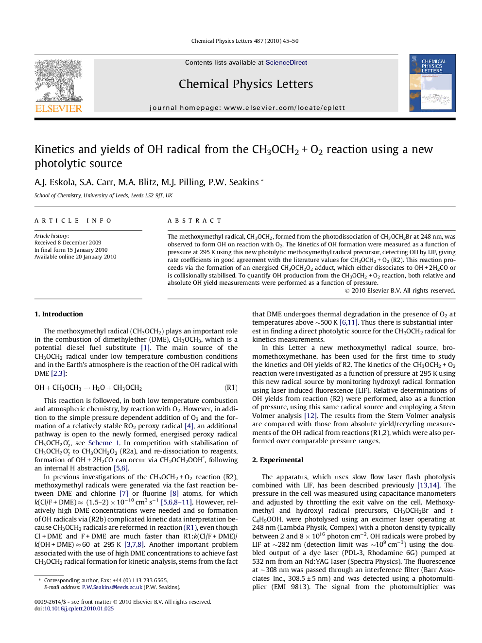Kinetics and yields of OH radical from the CH3OCH2Â +Â O2 reaction using a new photolytic source