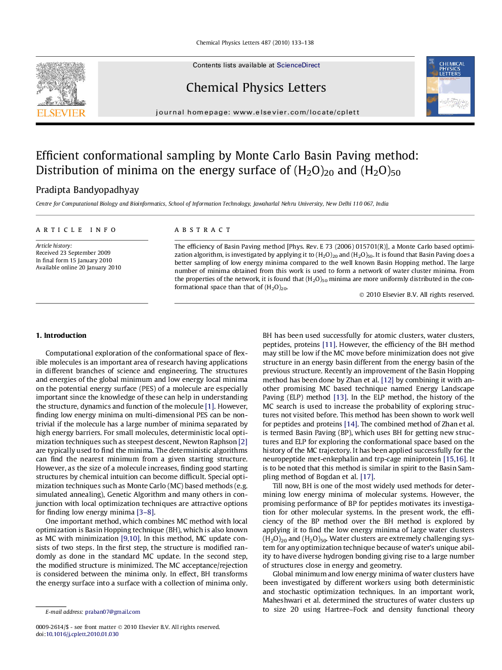 Efficient conformational sampling by Monte Carlo Basin Paving method: Distribution of minima on the energy surface of (H2O)20 and (H2O)50