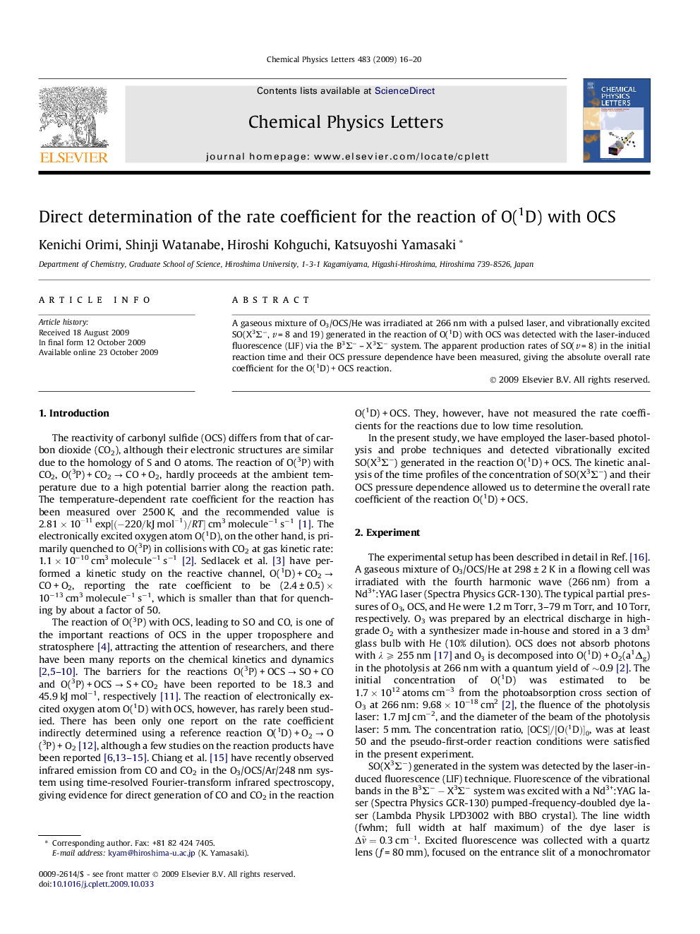 Direct determination of the rate coefficient for the reaction of O(1D) with OCS