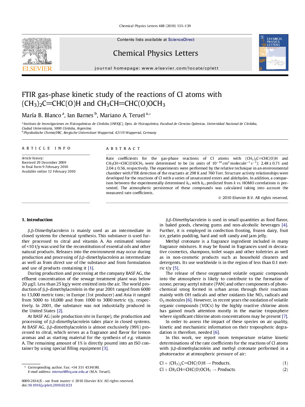 FTIR gas-phase kinetic study of the reactions of Cl atoms with (CH3)2CCHC(O)H and CH3CHCHC(O)OCH3