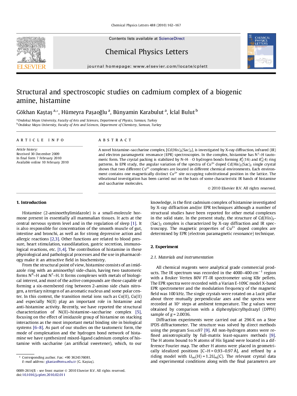 Structural and spectroscopic studies on cadmium complex of a biogenic amine, histamine