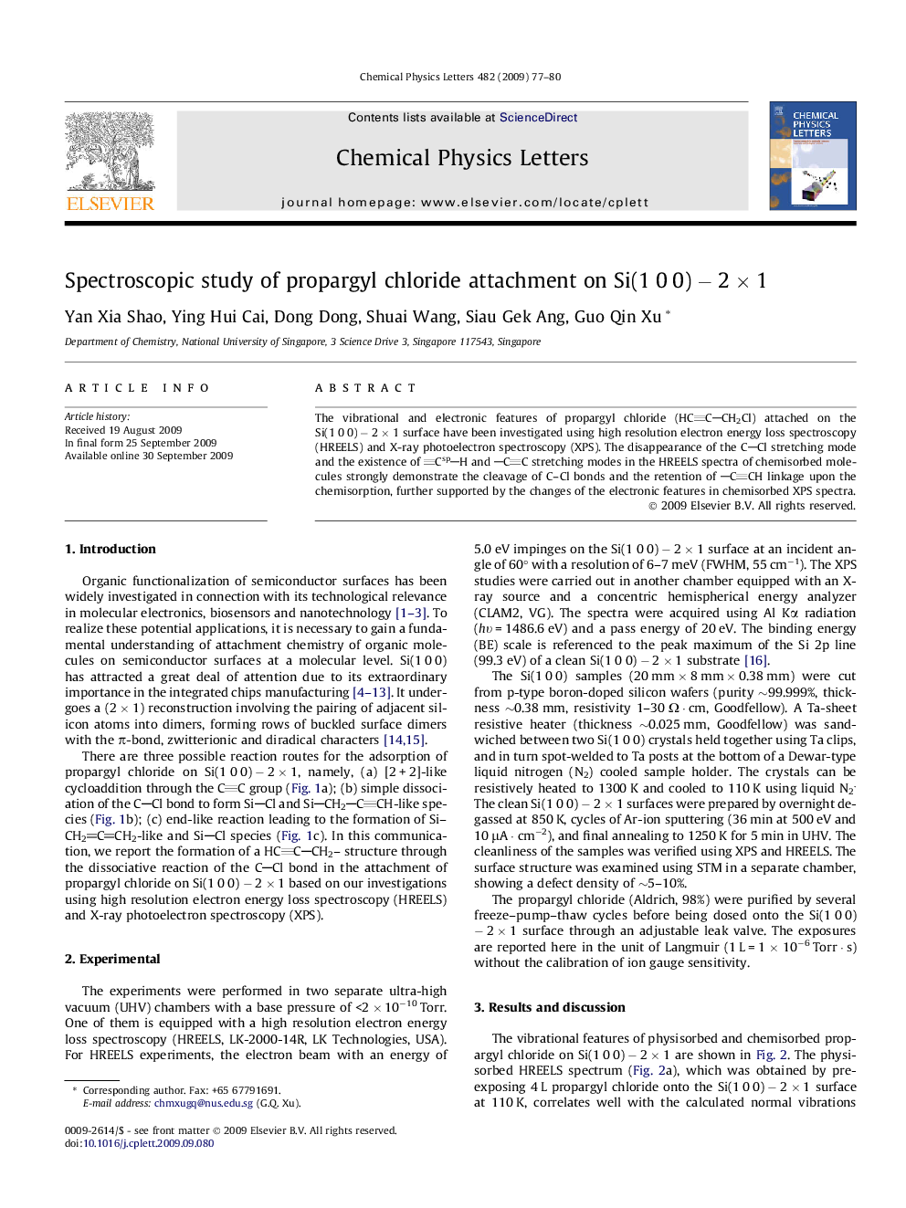 Spectroscopic study of propargyl chloride attachment on Si(1Â 0Â 0)Â âÂ 2Â ÃÂ 1