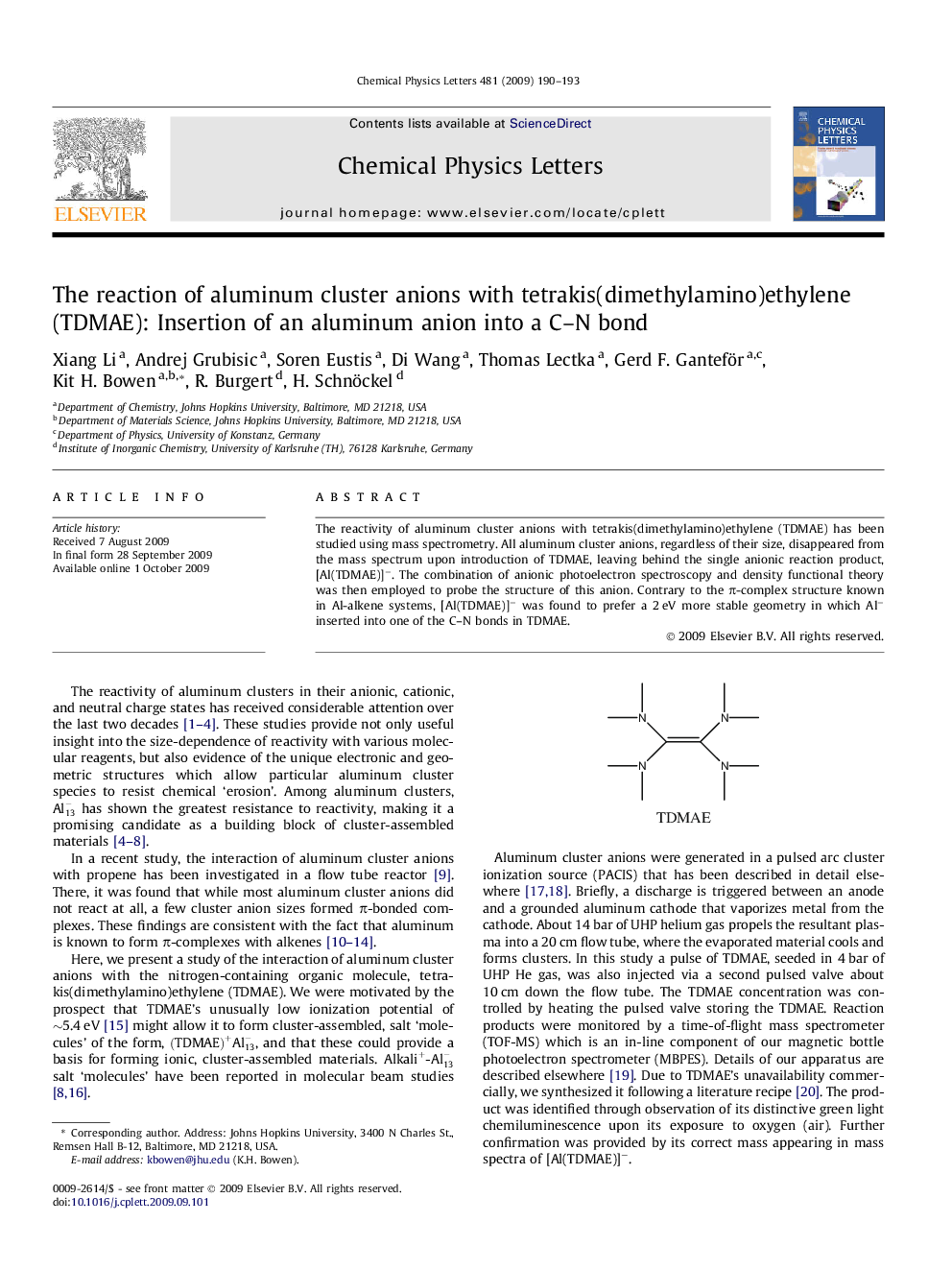 The reaction of aluminum cluster anions with tetrakis(dimethylamino)ethylene (TDMAE): Insertion of an aluminum anion into a C-N bond