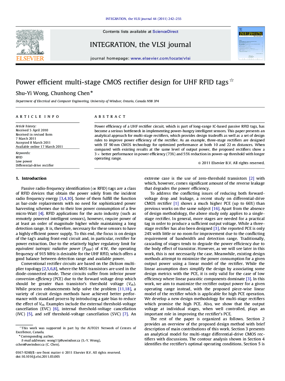 Power efficient multi-stage CMOS rectifier design for UHF RFID tags 