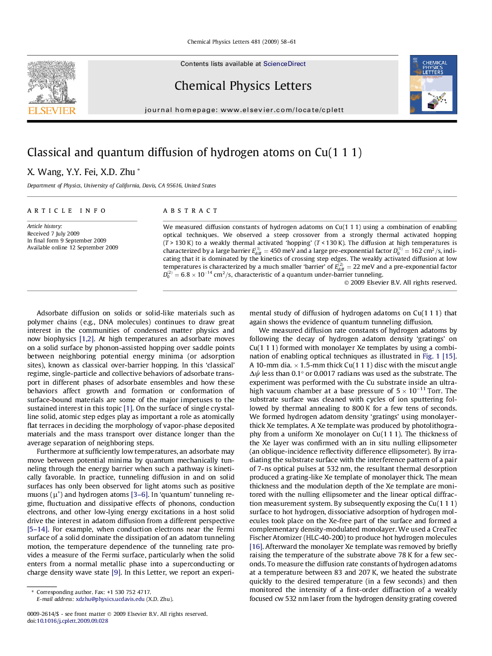 Classical and quantum diffusion of hydrogen atoms on Cu(1Â 1Â 1)