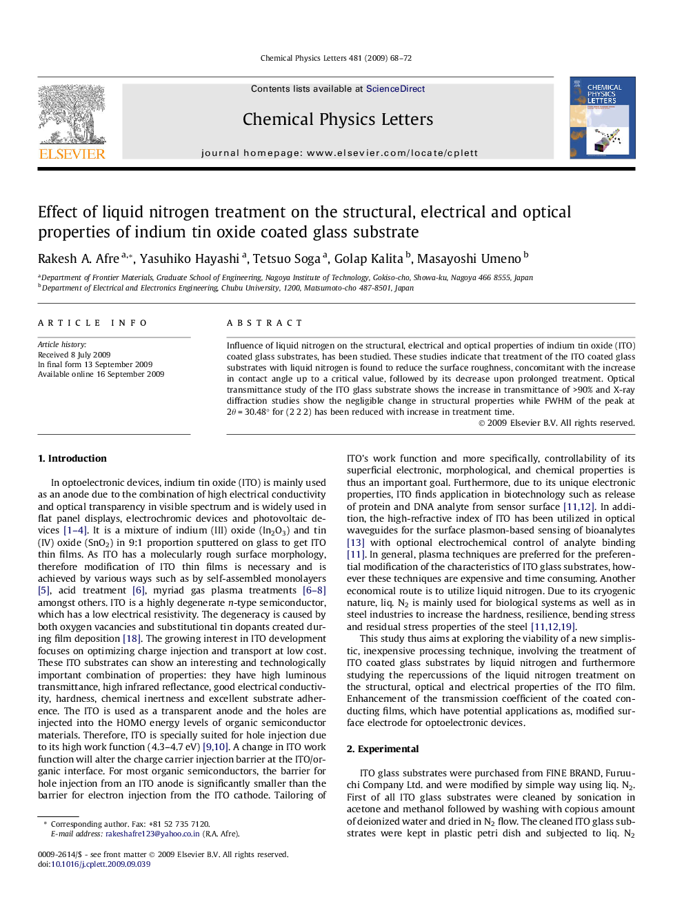 Effect of liquid nitrogen treatment on the structural, electrical and optical properties of indium tin oxide coated glass substrate