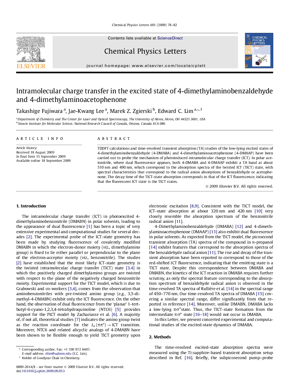 Intramolecular charge transfer in the excited state of 4-dimethylaminobenzaldehyde and 4-dimethylaminoacetophenone